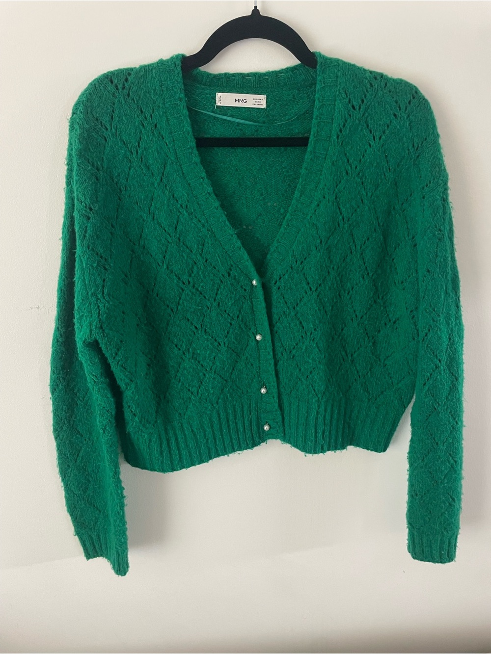 Mango Emerald Diamond-Knit V-Neck Cardigan with Pearl Buttons